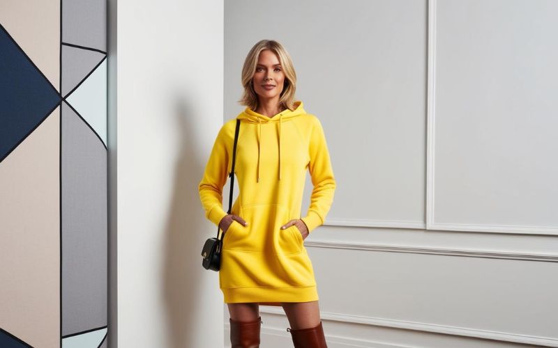 Stylový look s žlutými damskymi mikino šaty